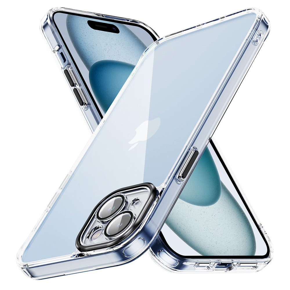 YSM For iPhone 15 Case Clear Precise Lens Cutout Phone Back Protector with Meral Lens Cover - Black YSM For iPhone 15 Case Clear Precise Lens Cutout Phone Back Protector with Meral Lens Cover - Black
